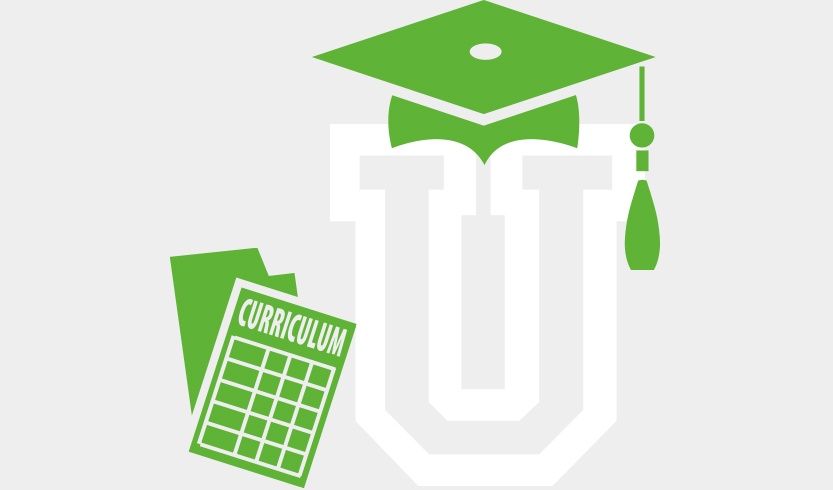 A graphic of the letter U with a graduation cap and a paper curriculum