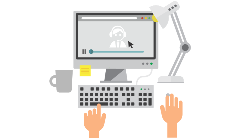 A graphic of a computer with a table light and a coffee cup and a pair of hands working